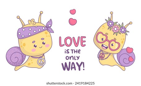 Funny groovy pair of snails character hippy. Cute lovers insect kawaii in trendy retro style. Vector illustration in 70s style