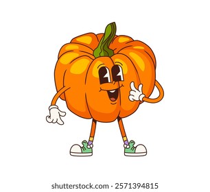 Funny groovy pumpkin vegetable character. Isolated cartoon vector whimsical, playful garden plant retro personage with a cheerful grin. Charming, funky veg captures the essence of 70s 60s nostalgia