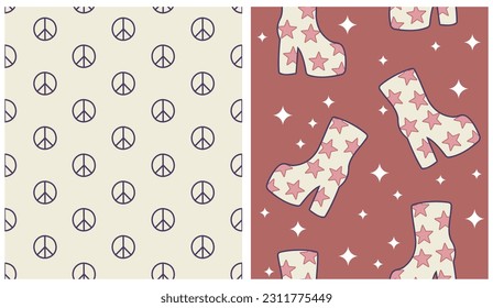 Funny Groovy Retro 70s Style Vector Seamless Patetrns. Cool Groovy Disco Boot with Starry Print on a Dusty Rose Background. Trendy Pattern with Peace Signs on a Beige Layout. Pattern. RGB Colors. 