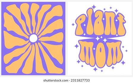 Graciosas impresiones de vectores de estilo Groovy Retro de 70 con flor de coral violeta grande y texto retro con fondo blanco y violeta. Cartel de la Planta Mamá. Impresiones geniales para los amantes de las plantas. Colores RGB.