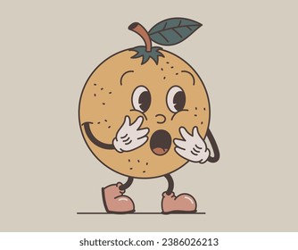 Funny groovy retro character. Surprised shocked orange or tangerine. Vector isolated fruit, old cartoon style.