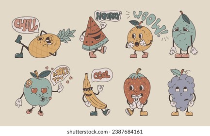 Funny groovy retro characters. Fruit emoticons with emotions, set of vector isolated illustrations, old cartoon style.