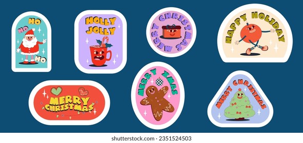 Funny groovy retro christmas character sticker. Merry Christmas vintage groovy sticker with santa, tree and coffee. Comic xmas character with smile face. Cartoon vector illustration
