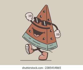 Gracioso y retro carácter de fruta. Genial y alegre tajada de sandía en gafas de sol. Ilustración vectorial aislada, estilo de caricatura antiguo.
