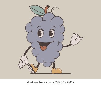 Funny groovy retro fruit character. Cool joyful bunch of grapes. Vector isolated illustration, old cartoon style.