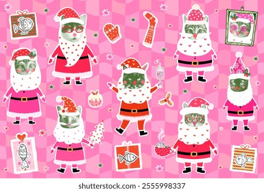 Funny groovy Santa Claus vector cats illustration halftone collage, Christmas graphic design