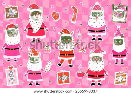 Funny groovy Santa Claus vector cats illustration halftone collage, Christmas graphic design