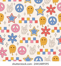 Funny Groovy seamless pattern in trendy retro style.Y2k collection.Retro y2k style.Retro hipster y2k pattern.	