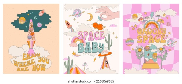 Funny Groovy Space posters, invitation, cards set with 70s retro hippie element and pop art illustration. Editable Vector Illustration