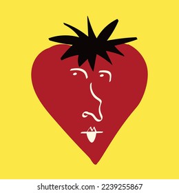 Funny groovy strawberry with a sad face. Freaky quirky Valentines Day Card in modern doodle style
