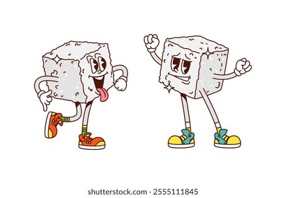 Funny groovy sugar cubes, hippie dessert, sweet and candy characters. Isolated cartoon vector sweetener, sugary food, cubic pieces retro personages with smiling faces, expressive eyes and sneakers