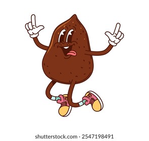 Divertido personaje de trufa groovy bailando enérgicamente con la cara alegre y la lengua fuera. Personaje de comida retro de postre dulce de Vector aislado con zapatillas de deporte y se regocija con la expresión juguetona