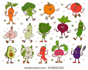 Funny groovy vegetable characters. Cartoon vector playful veggies carrot, broccoli, pumpkin, tomato and garlic, zucchini, lettuce, beet, cucumber or avocado. Cauliflower, pepper, radish healthy foods