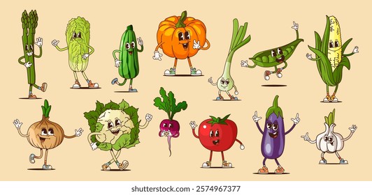 Funny groovy vegetables characters with happy expressions. Cartoon vector fresh and ripe veggies asparagus, cucumber, onion, pumpkin and tomato, eggplant, radish, squash and garlic with green peas pod