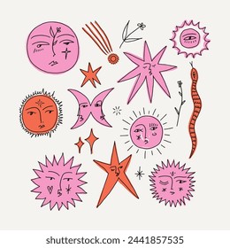 Funny groovy whimsical cute stylish freaky cool funny doodle stellar characters. Hand-drawn set of crescent moon, sun, comets and snake. Cartoon poster abstraction collection art