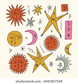 Funny groovy whimsical cute stylish freaky cool funny doodle stellar characters. Hand-drawn set of crescent moon, sun, comets. Cartoon poster abstraction collection art