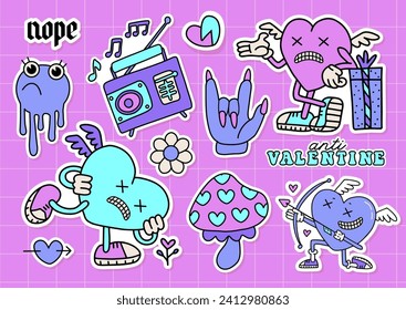 Funny groovy y2k anti Valentines day stickers set. 2000s anti love conception with retro cartoon characters of hearts. Trendy neon color vector illustration.