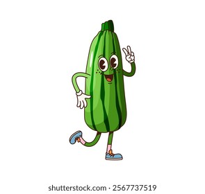 Funny groovy zucchini vegetable character. Isolated cartoon vector playful squash farm veggie personage, wearing sneakers, embodying fun and positivity, promotes healthy eating habits and vitamin food