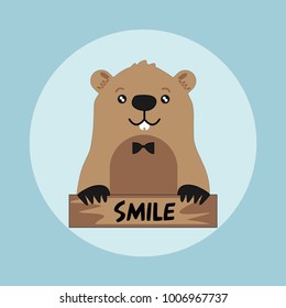 Funny groundhog on round blue  background with smile card. Vector Design with Cute Marmot Character - Advertising Poster or Flyer Template