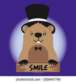 Funny groundhog on round  gradient blue  background with smile card. Vector Design with Cute Marmot Character - Advertising Poster or Flyer Template