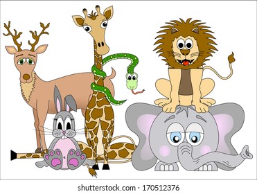 Funny group of animals - lion, giraffe, rabbit, snake, deer. elephant