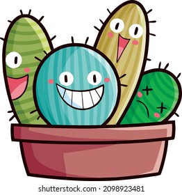 Funny a group of cactus characters in a pot