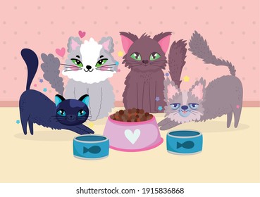 funny group cats animals with canned fish and food bowl vector illustration