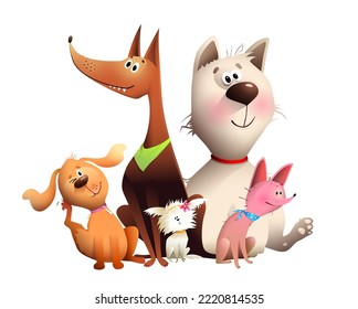 Funny group of different dogs sitting together, doggy friends company. Vector hilarious dogs graphics for pet shop or dog show. Hand drawn illustration.