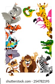 Funny group of Jungle animals. Cartoon vector illustration with frame in A4 size, for birthdays and events.