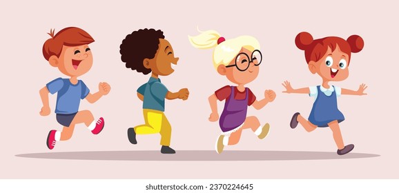 
Funny Group of Kids Running Together Vector Cartoon illustration. Children engage in sportive activities together in a marathon sprint 
