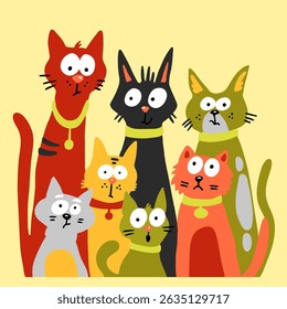 Funny group of quirky cartoon cats with wide expressive eyes and playful colors