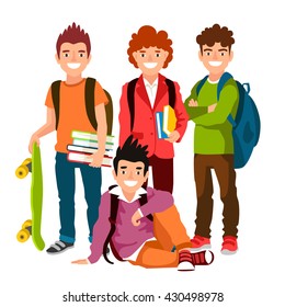 Funny group of schoolboys with backpacks and textbooks. Men friendship. Cute characters. The concept of school education. Back to school. Vector illustrations isolated on white background.