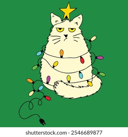 Funny Grumpy Cat Christmas Tree with Twinkling Lights Vector, Hilarious Holiday Design, Christmas Vector.