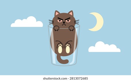 Funny grumpy cat sitting squeezed inside a glass under a crescent moon and clouds on a blue background.