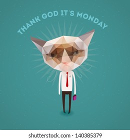 Funny grumpy cat - thank Got it's Monday, vector illustration.