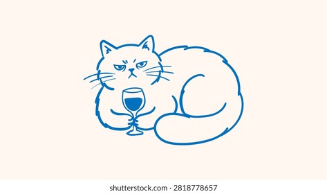 Funny Grumpy Fluffy Cat Holding A Wine Glass Vector Illustration