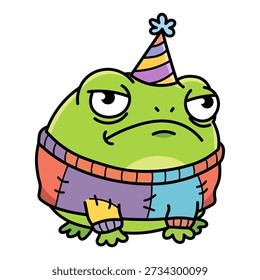 Funny grumpy frog wearing sweater and party hat vector illustration. Bored green amphibian character at birthday celebration. Sad toad mascot annoyed mood concept isolated art design.