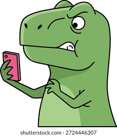 Engraçado ranzinza verde T-Rex segurando um smartphone rosa, expressando frustração. Perfeito para adesivos de mídia social, memes, produtos para crianças e designs de humor digital.
