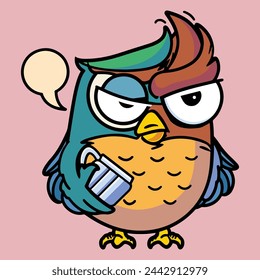 Funny grumpy owl cartoon character with cup of coffee