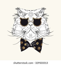 funny grumpy Persian cat  portrait with tie bow and cool sunglasses, hand drawn graphic, animal illustration, t-shirt design