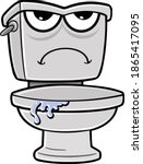 Funny grumpy toilet cartoon character illustration with water leaking out from under lid and frown face. Illustrator eps vector graphic design.