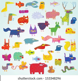 Funny Grunge Doodled Animals Collection in pop-art colors, with outlines, on gradient background. Elements are isolated in a group, illustration in eps10 vector mode.