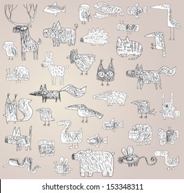 Funny Grunge Doodled Animals Collection in black and white, with outlines, on gradient background. Elements are isolated in a group, illustration in eps10 vector mode.