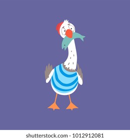 Funny gull hunting down fish, cute comic bird character cartoon vector illustration