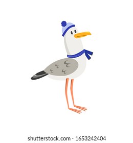 Funny gull in a sea cap. A bird sailor in a scarf, a child's character for a book illustration.