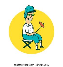 Funny guy in a blue cap, glasses, blue trousers sits on a chair. Vector illustration on a yellow background, painted by hand.