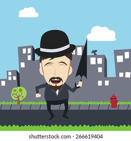 funny guy with bowl hat and umbrella cartoon