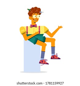 Funny guy with braces and bow tie sits. Student geek with pencils in hair sitting stretches out his hands, illustration