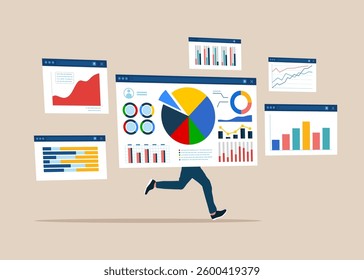Funny guy browser instead of body. Analyze graph and chart. Business data analysis research and finance investment planning.  Flat vector illustration.