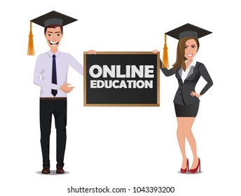 Funny Guy (businessmen or student) in casual business clothes with beautiful woman in business clothes with chalkboard with text Online education